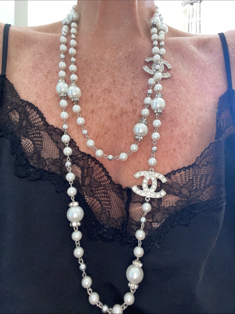 Long Pearl Necklace with Crystal CC Logos in White and Silver - Picture 2 of 4